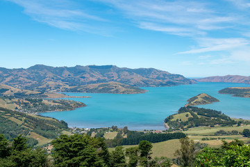 Fototapeta premium Blue sea at Akaroa New Zealand natural landscape background