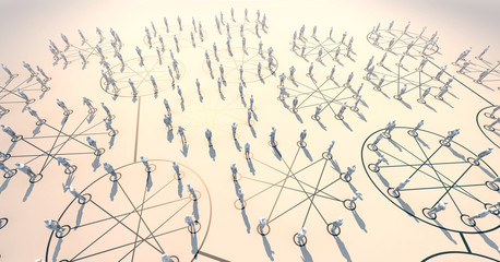 3D illustration crowd people form into group of social communication connecting with line together...