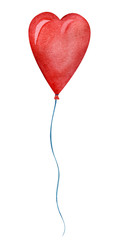 Red air-balloon in the shape of a heart on a long blue ribbon. Decorative element. Hand-drawn watercolor illustration on a bright background