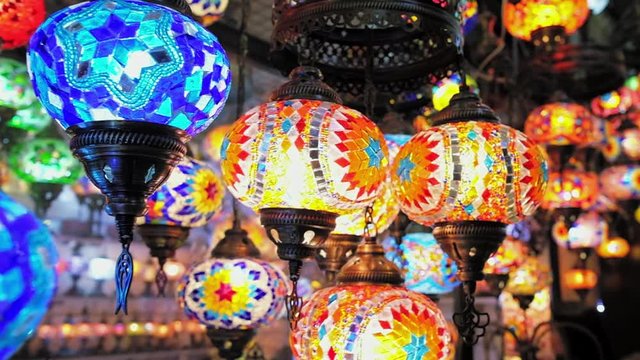 Variety of colorful turkey glass lamps for sale in Istanbul, Turkey.