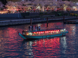 隅田川沿いの夜桜と屋形船