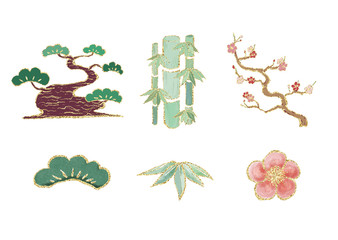Hand-drawn-pine,bamboo,plum-blossom-icon-illustration(gold-leaf-style)