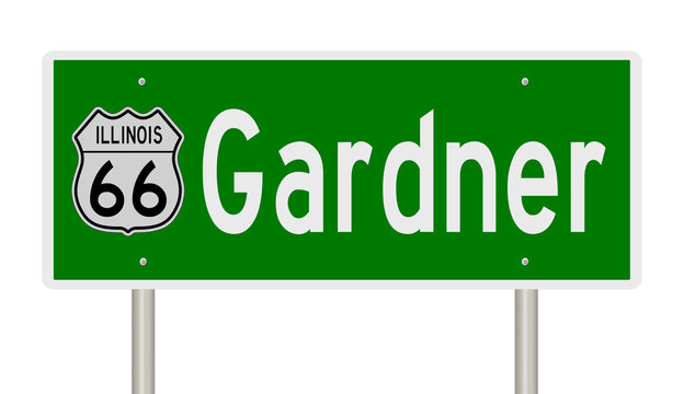 Rendering of a green 3d highway sign for Gardner Illinois on Route 66