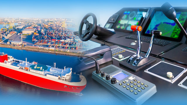 Captain's Bridge Of A Cargo Ship. Direction Panel Of A Cargo Ferry. Remote Control Of A Modern Ship. Concept - Helm Of A Modern Ship. Marine Management Training. Vessel Near The Cargo Port Top View