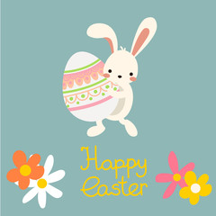 Cute flat cartoon vector easter bunny with colorful decorative eggs with flowers with lettering
