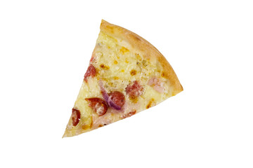 Slice of pizza with sausage, red onion and cheese isolated on white background