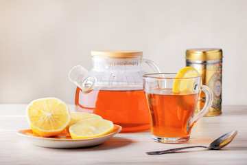 Hot tea with lemon. Healthy drink concept.