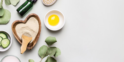 Natural ingredients collagen, yolk and eucalyptus for homemade cosmetics. DIY cosmetics and spa concept, banner format