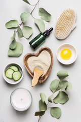 Natural ingredients collagen, yolk and eucalyptus for homemade beauty cosmetic products. DIY cosmetics and spa concept