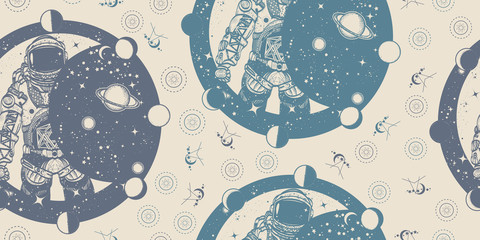 Astronaut in space. Seamless pattern. Packing old paper, scrapbooking style. Vintage background. Medieval manuscript, engraving art. Cosmonaut in universe, solar eclipse. Symbol of science, astronomy © intueri