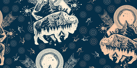 Magic tribal bison double exposure. Seamless pattern. Packing old paper, scrapbooking style. Vintage background. Medieval manuscript, engraving art. Buffalo bull travel symbol, adventure, tourism