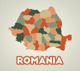 Romania poster in retro style. Map of the country with regions in autumn color palette. Shape of Romania with country name. Trendy vector illustration.