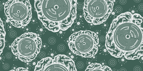 Brain and labyrinth. Seamless pattern. Packing old paper, scrapbooking style. Vintage background. Medieval manuscript, engraving art. Symbol of philosophy, artificial intelligence, psychology