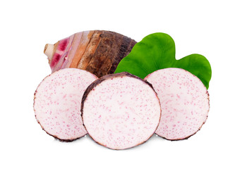 taro root with leaf isolated on white background.