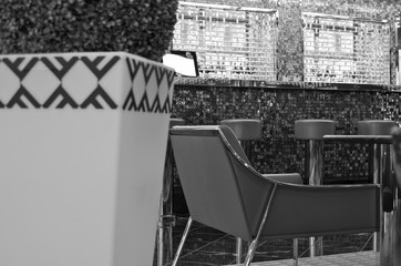 Elegant champagne bar with modern design furniture on luxury cruiseship or cruise ship liner