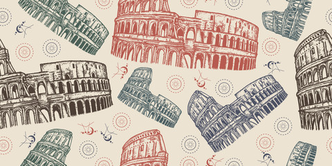 Coliseum in Rome, Italy. Seamless pattern. Packing old paper, scrapbooking style. Vintage background. Medieval manuscript, engraving art. Symbol of gladiator fights