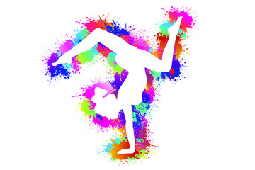 Colorful sport background. Yoga logo design. Ballerina in dance. Girl gymnast in gymnastic. Silhouettes, Exercises, Fitness, Healthcare, Medical, Icon, Symbol. Vector illustration.