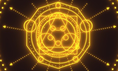 Mystery, witchcraft, occult and alchemy sign. Spin of the mystical vintage gothic geometry thin lines symbol. Neon shine illumination. 3D rendering
