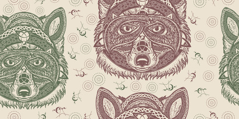 Fox viking in the celtic style. Seamless pattern. Packing old paper, scrapbooking style. Vintage background. Medieval manuscript, engraving art. North wolf