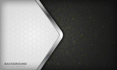 Elegant white line silver element on black color background with sparkle and hexagon texture. Realistic tech luxury paper cut style 3d modern corporate design concept template.