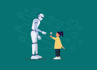Robotic friend for a little girl flat. Robot holding a little girl hand. Futuristic assistant, nanny for children of a linear nature. The invention of artificial intelligence for child safety