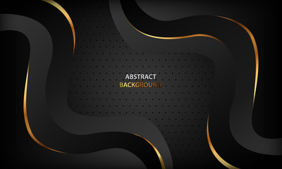 Abstract black luxury wave background with golden line elements. Modern and elegant paper cut style design template. Fluid dynamic composition for banner, flyer, cover and card.