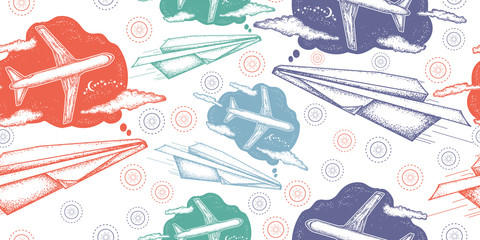 Paper plane dreams to become the big plane. Seamless pattern. Packing old paper, scrapbooking style. Vintage background. Medieval manuscript, engraving art. Symbol imagination, dream, motivation