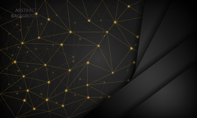Abstract 3D black techno background overlap layer on dark space with futuristic golden network shape decoration. Modern graphic design template elements for banner, card, flyer and brochure.