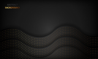 Black luxury abstract background with paper cut concept. Texture with gold glitters dot element and wavy overlap layer. Modern dark background.