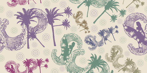 Surfing. Seamless pattern. Packing old paper, scrapbooking style. Vintage background. Medieval manuscript, engraving art. Beautiful girl with a surfboard. Symbol of extreme sport, driving on sea waves