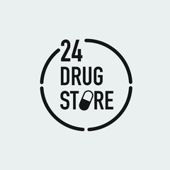 24 hours drug store logo vector. illustration. black