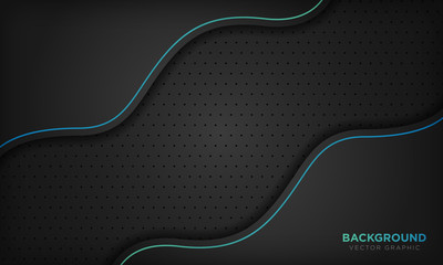 Dark abstract background with black wave overlap layers. Texture with blue line. Modern technology concept. Vector illustration.