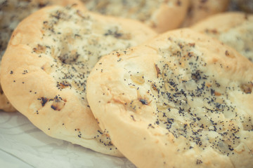 Heap of fresh baked yeast dough with onion and spices