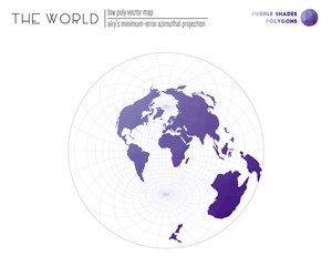 Triangular mesh of the world. Airy's minimum-error azimuthal projection of the world. Purple shades colored polygons. Modern vector illustration.