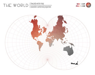 World map with vibrant triangles. Eisenlohr conformal projection of the world. Red Grey colored polygons. Amazing vector illustration.