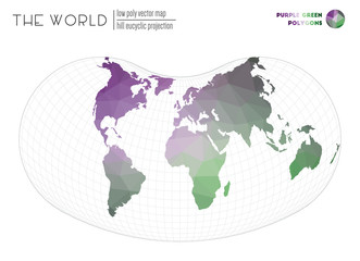 Vector map of the world. Hill eucyclic projection of the world. Purple Green colored polygons. Amazing vector illustration.