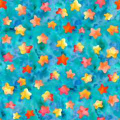 Watercolor red-yellow stars on a turquoise background. Seamless pattern. Multicolor: red, orange, yellow, pink, coral, turquoise, green, blue. Watercolor illustration. Design for backgrounds, wallpape
