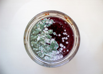 Mold in a jar of jam. Hazardous to health. Mold.