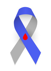 Colorful satin ribbon as symbol of type one diabetes awareness. Gray and blue ribbon with a red drop of blood. Isolated vector illustration on white background