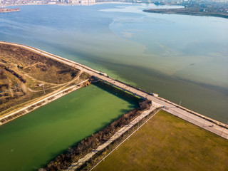 Aerial photo of the Old Bridge Dambovita between Dambovita RIver and Morii Lake , Bucharest, Romania.