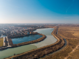 Aerial landscape of the Dambovita River close to Morii Lake , Bucharest, Romania.