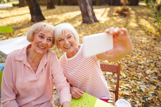 Happy old friends making commemorative picture together