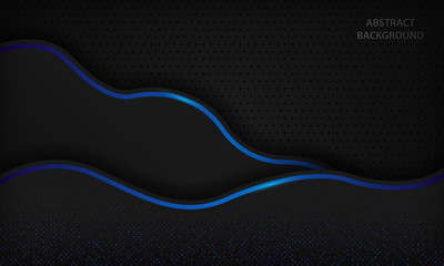 Fototapeta premium Dark curve abstract background with blue light lines and purple sparkle dots element. Modern futuristic technology black frame papercut design template for banner, card, corporate, flyer and cover.
