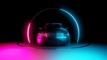 Plakat Car with neon light circle frames