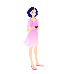 Lovely young girl standing with a camera. Cartoon vector character isolated on white background. Pink transparent dress and a lovely smile for a woman.