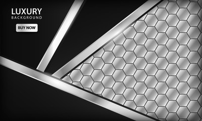 Silver and black metallic corporate background. Elegant luxury realistic metal template with modern hexagon geometric pattern.