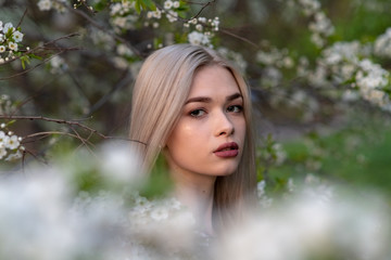 beautiful blonde girl in spring cherry garden