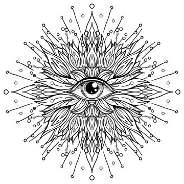 Lotus, Eye, Sacred Geometry. Ayurveda symbol of harmony and balance, and universe. Tattoo flesh design, yoga logo. Boho print, poster, t-shirt textile. Anti stress book. Isolated vector illustration.