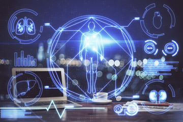 Desktop computer background and education theme drawing. Double exposure. Study concept.