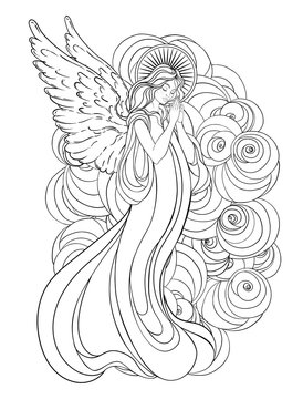 Angel girl with wings, cross, roses and halo. Isolated hand drawn vector illustration. Trendy Vintage style element. Spirituality, occultism, alchemy, magic.